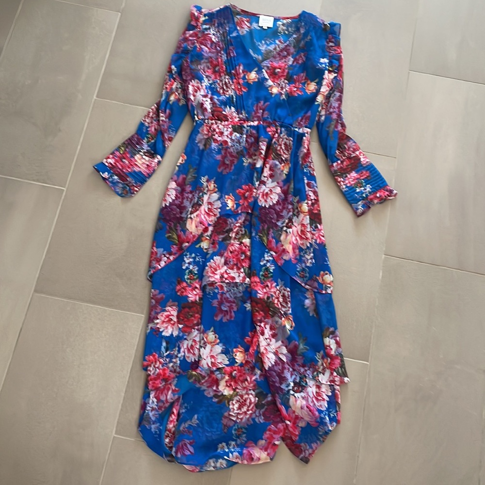 MISA Los Angeles floral, tiered, midi/maxi dress, long sleeve